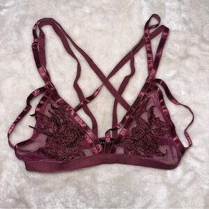 Mind Code Maroon Mesh Floral Lace Embroidered Strappy Triangle Bralette Size S